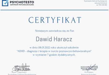Dawid Haracz Certyfikat - Diagnoza i leczenie ADHD