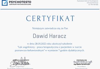 Dawid Haracz Certyfikat - Lęk uogólniony